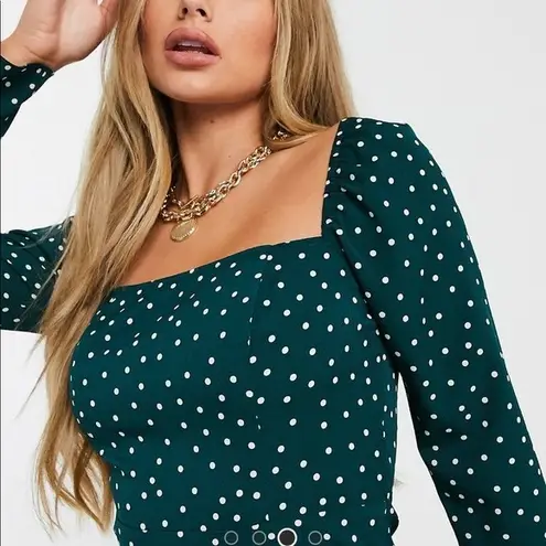 ASOS Green Polka Dot Square Neck Long Sleeve Midi Dress with Slit Size 10