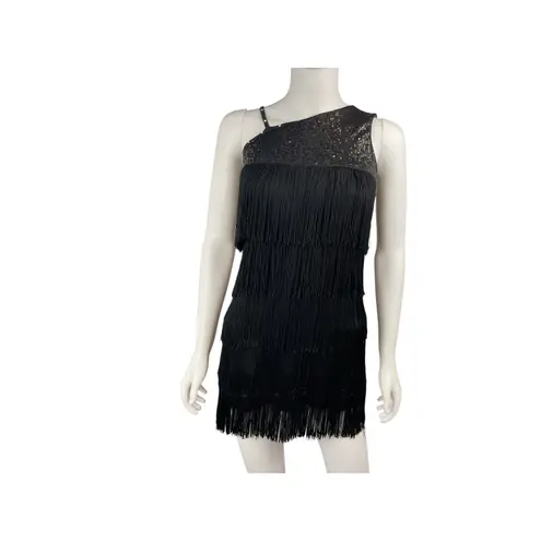 Balera Sequin Fringe One Shoulder Dress Black Sleeveless Flapper Costume