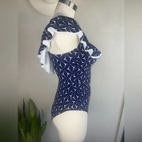 NWT Gottex Profile One Shoulder Swimsuit Size 6 Navy White Ruffle Bathin… Blue
