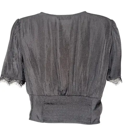 Stradivarius Black Satin Romantic Blouse With Lace Eyelash Trim NWOT Size Medium