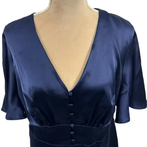 FLOUNCE LONDON Navy Satin Flutter Sleeve Mini Dress Womens Sz 16 Short Sleeve V Blue