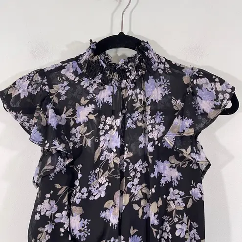 Great Jones Rent The Runway Black Floral Crinkle Chiffon Blouse Size XS