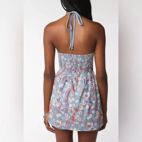 Urban Outfitters Pins and Needles Halter Skirted Romper Blue Floral Summer Large