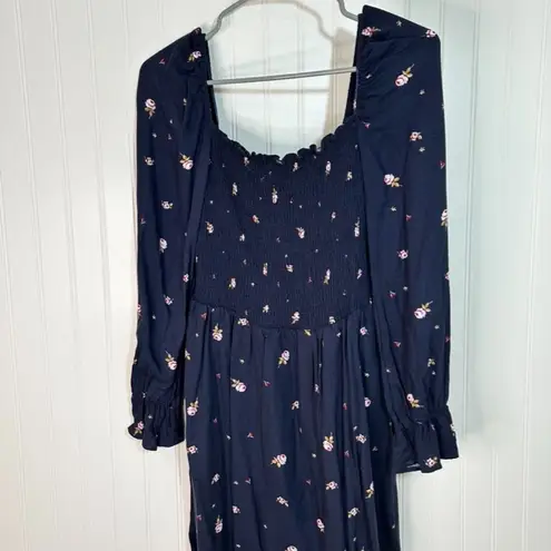 Elodie Long Sleeve Smocked Square Neck Navy Floral Dress Sz S