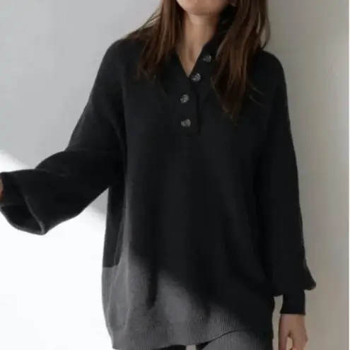 Lunya Good in Bed Waffle Sweater Cotton Silk Henley Onyx Front Button Heavy Knit Gray Size M