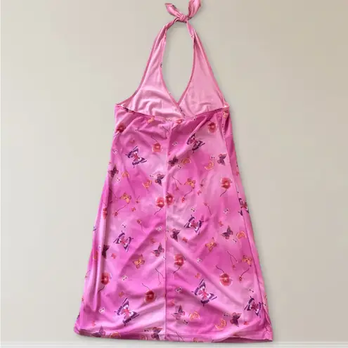 Vintage Y2K Vanity Butterfly Halter Mini Dress Pink Size L