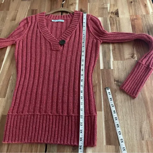 Long Sweater Burnt Red Rust Low V Ribbed with Oversized Button Size L