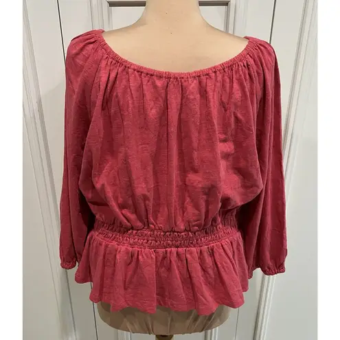 Marine layer Christiana Knit Long Sleeve Shirred Cotton Top Berry Peplum Peasant