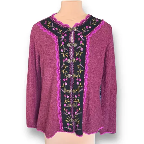 Vintage Burgundy Embroidered Alpaca Wool Cardigan Boho Folk Dark Floral Trim Pink Size L