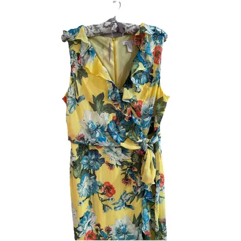 London Times Sleeveless Flowy Floral Faux Wrap Dress Size 14 Yellow Vacation - Image 2