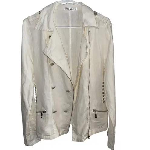 Mur Mur white studded linen double breasted moto military style zipper jacket Size L