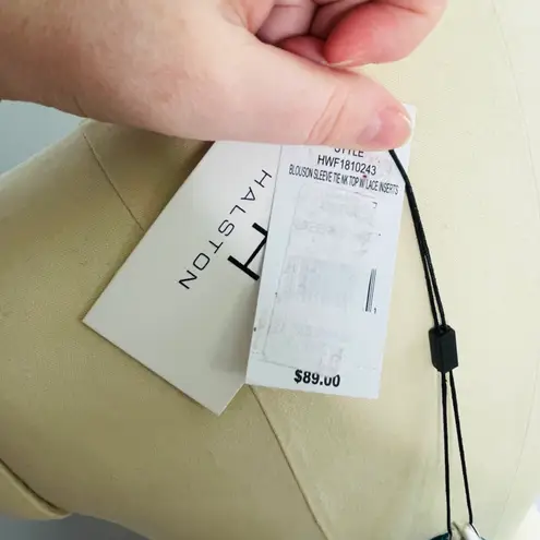 H by Halston Blouson Sleeve Tie Neck Top with Lace Inserts- Tide- XL- NWT