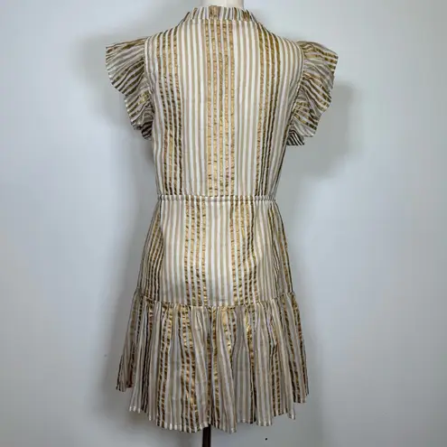 Oliphant Design 100% Cotton Gold Stripe Flutter Sleeve Dress Women’s Size Small