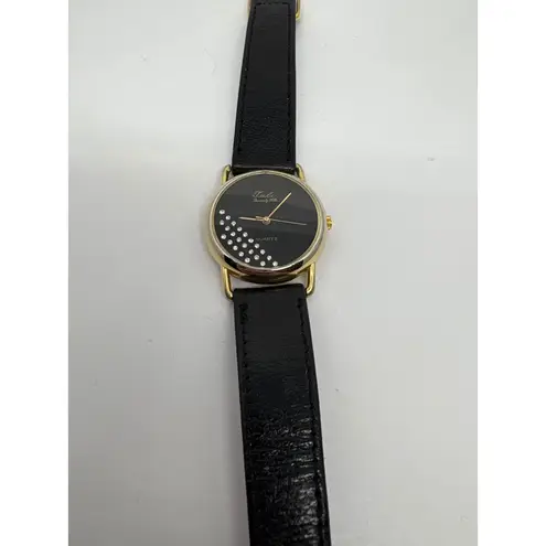 1980s Tali Beverly Hills Watch Rhinestone Accent Gold Tone Black Face Quartz