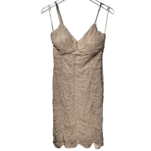 Sue Wong Nocturne Silk Beaded Sequins Ruched Mini Dress in Champagne