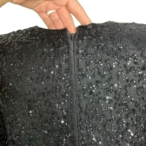 Vintage Brilliante Beaded Silk Dress Size Small Black Tiered Short Sleeve