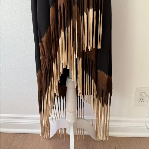 Elegant Unique Black and Brown High Low Ombre Fringe Jersey Fabric Skirt Sz XL