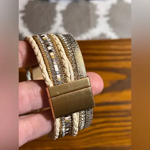 Gold Cream Heart and Stone Bracelet magnetic closure wide beaded cord boho artsy