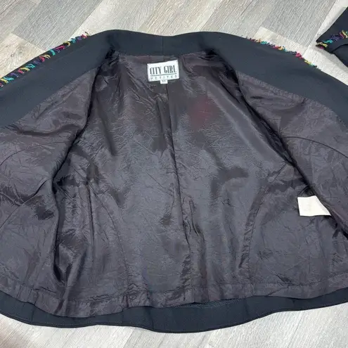 Vintage City Girl Petites 80s Rainbow Fringe Crop Blazer Jacket Black 12 Medium Size undefined