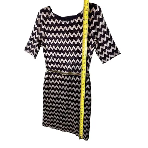 Connected Apparel Dress Womens 10 Black Gold Chevron Metallic Belted A-Line