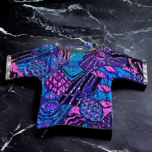 Authentic Vintage Lillie Rubin silk sequin beaded geometric abstract blouse 1980 Purple