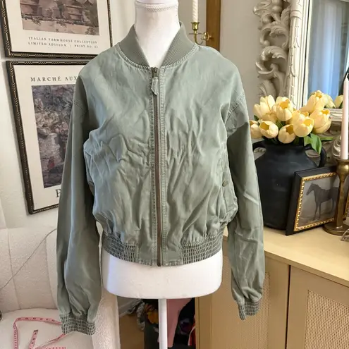 ANTHROPOLOGIE PILCRO Green Canvas Cropped Bomber Jacket Size Medium