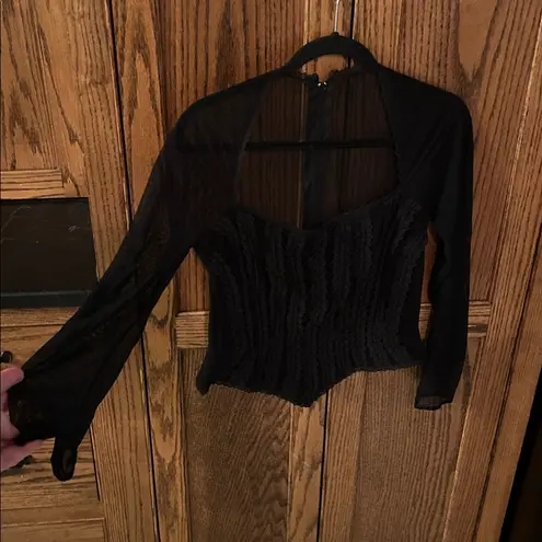 vintage Lillie Rubin Black Lace Corset Long Sleeve top Square Neck whimsygoth Size L