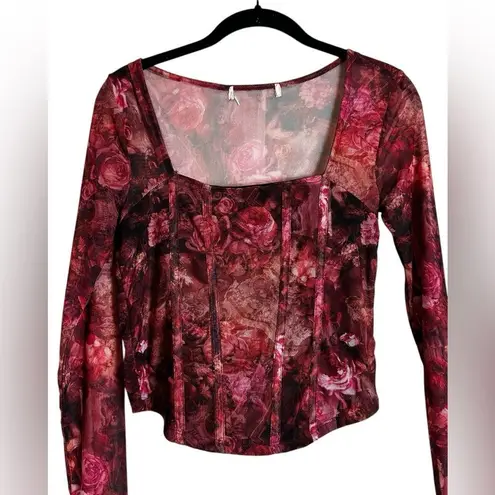 Womens Floral Nylon Mesh Crop Top Long Sleeve Y2K Festival Boho Grunge Size S Red