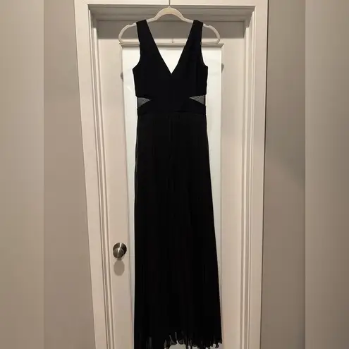 XScape Black Pleated Chiffon Evening Gown – Padded Bodice, Sheer Cutouts, Size 6