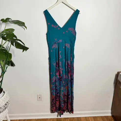 Maeve Anthropologie Andalusia Jumpsuit Women 10 Turquoise Floral Wide Leg Pocket Blue