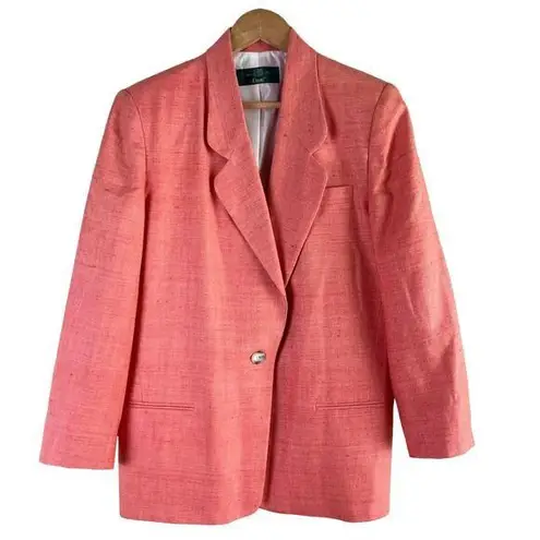 Orvis VTG 100% Silk Woven Blazer Jacket One Button Front Coral Pink Salmon Sz 10
