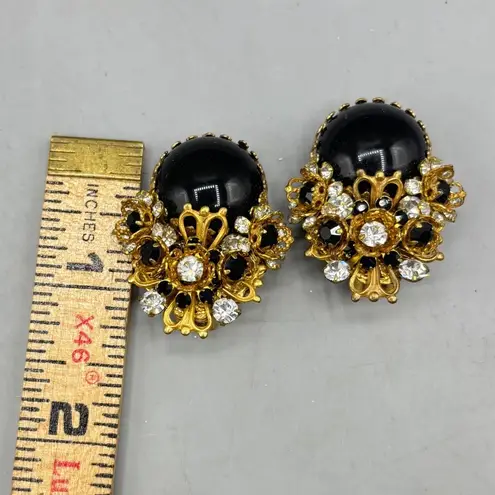 Vtg M&M Designs Gold Tone Black Crystal Beaded Floral Bangle Bracelet Earring