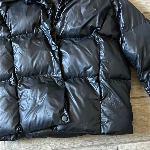 Glossy Black Cropped Puffer Jacket with High Collar