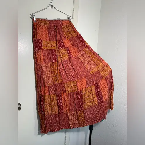 VICI  fall colored patchwork broomstick maxi skirt. Orange, peach, maroon L