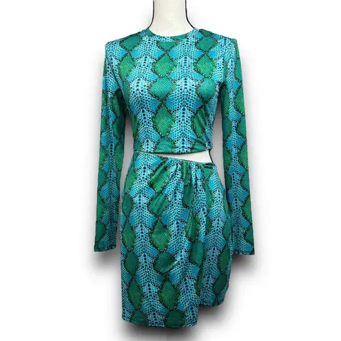 AFRM Snakeskin Print Cutout Bodycon Mini Dress Long Sleeve Blue Green Medium