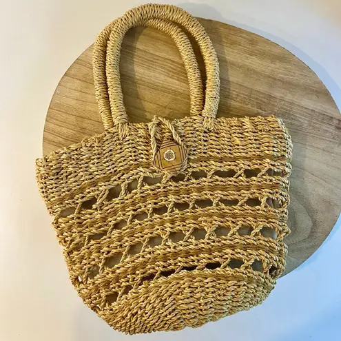 Handmade Vintage Natural Fiber Woven Weaved Top Handle Tote Bag Tan
