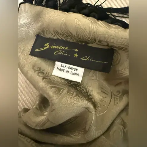 Simone Reversible Silk Velvet Fringe Shawl Black & Olive Paisley Wrap Scarf Green