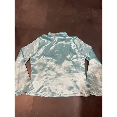 Elegant Teal satin Jacket with Floral Lace Trim Formal Evening Wear Size M