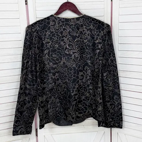Vintage 80s R&K Evening Floral Glittered Velvet Jacket Black Gold 14