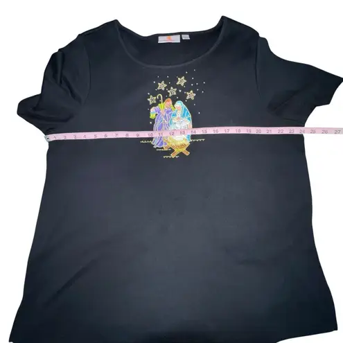 Quacker Factory  T Shirt Women's 1X Black Nativity Christmas Beaded‎ Short Sleeve