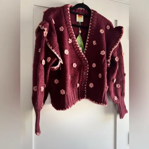 Farm Rio NWT Burgundy Crochet Womens Floral Knit Cardigan Size Small Boho Chic