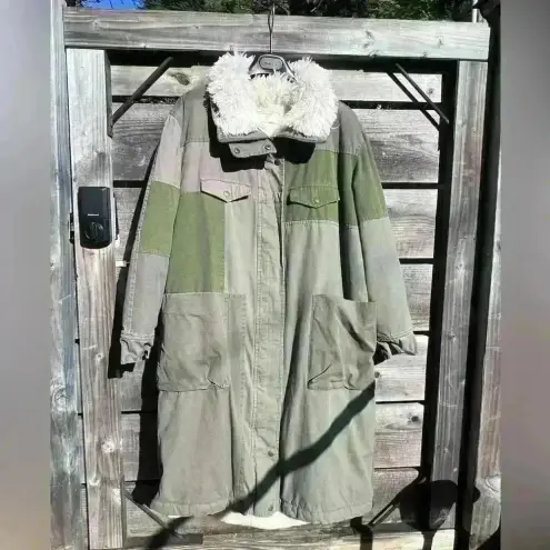 One Teaspoon  Patchwork Green Fur Coat Edgy Rock n Roll Festival Bohemian