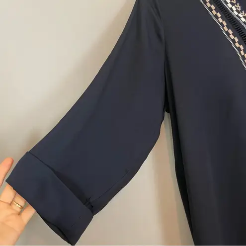 Dolan Anthropologie Top Blouse Embroidered Dark Blue 3/4 Sleeves V