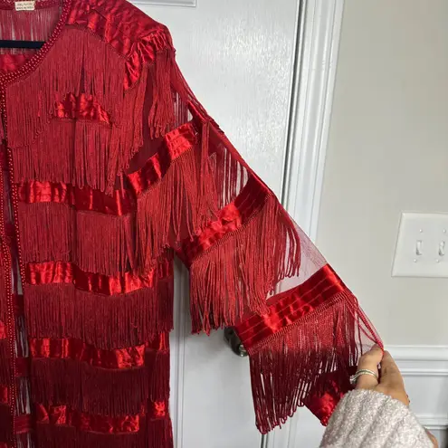 Vintage boho glam red silky fringe duster jacket size XL festival holidays party