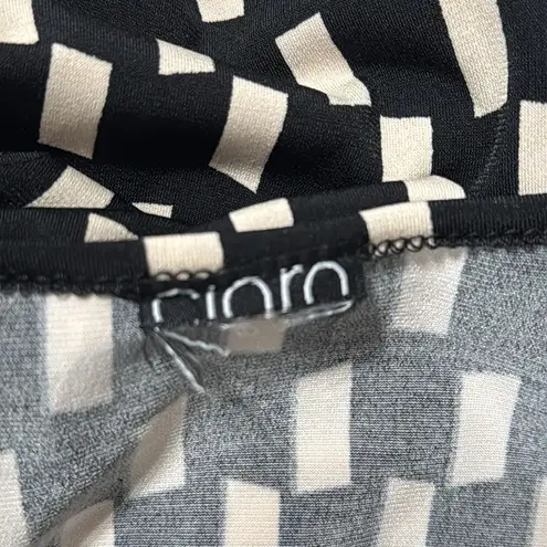 Clara Sun woo Geometric Black/Ivory Print 3/4 Sleeve Front Knot hem Blouse sz L Black Size L