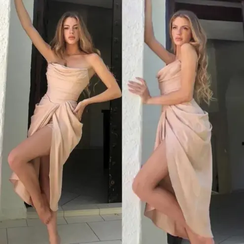 House Of CB  ‘Poppy’ Sand Strapless Corset Draped‎ Dress NWOT Size XS