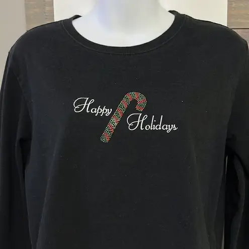 Source Unknown Black Christmas Thin Sweatshirt with Happy Holidays with Metallic Candy Cane- XL