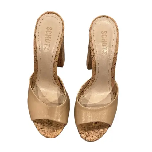 Schutz Tan Beige Nude Sandals with Cork Block Heel 8