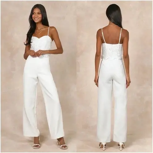 Lulus Exquisite Posture White Floral Embroidered Tiered Jumpsuit Size S