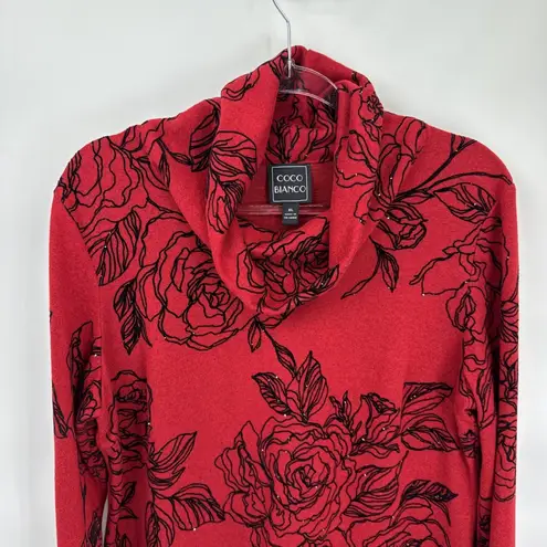 Coco Blanco Turtleneck Sweater Womens XL Red Black Floral Sequin Flutter Sleeve - Image 2